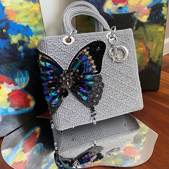 Handbags - Grey Crocheted Sequin & Beaded Butterfly Purse